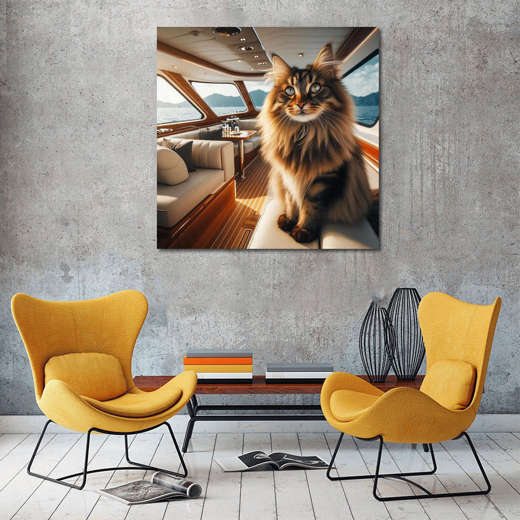 Norwegian Forest Cat on a Yacht: Sea Grandeur and Mountains