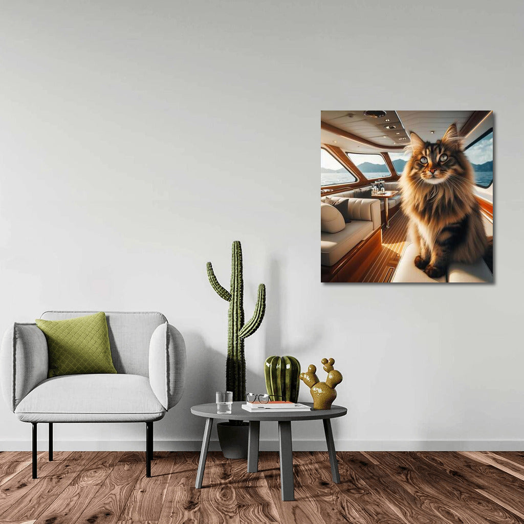 Norwegian Forest Cat on a Yacht: Sea Grandeur and Mountains
