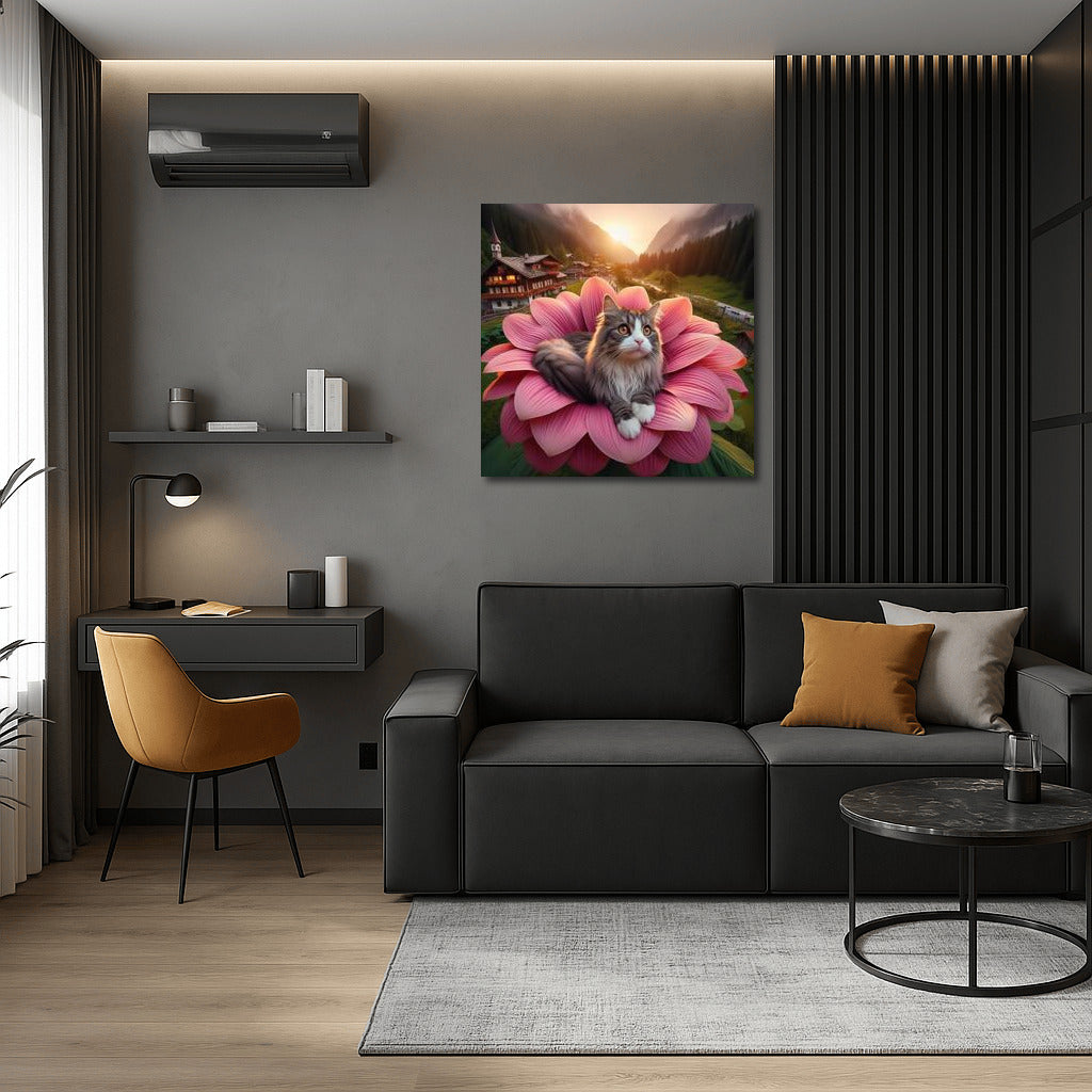 Norwegian Forest Cat on a Giant Flower: A Journey Around the World