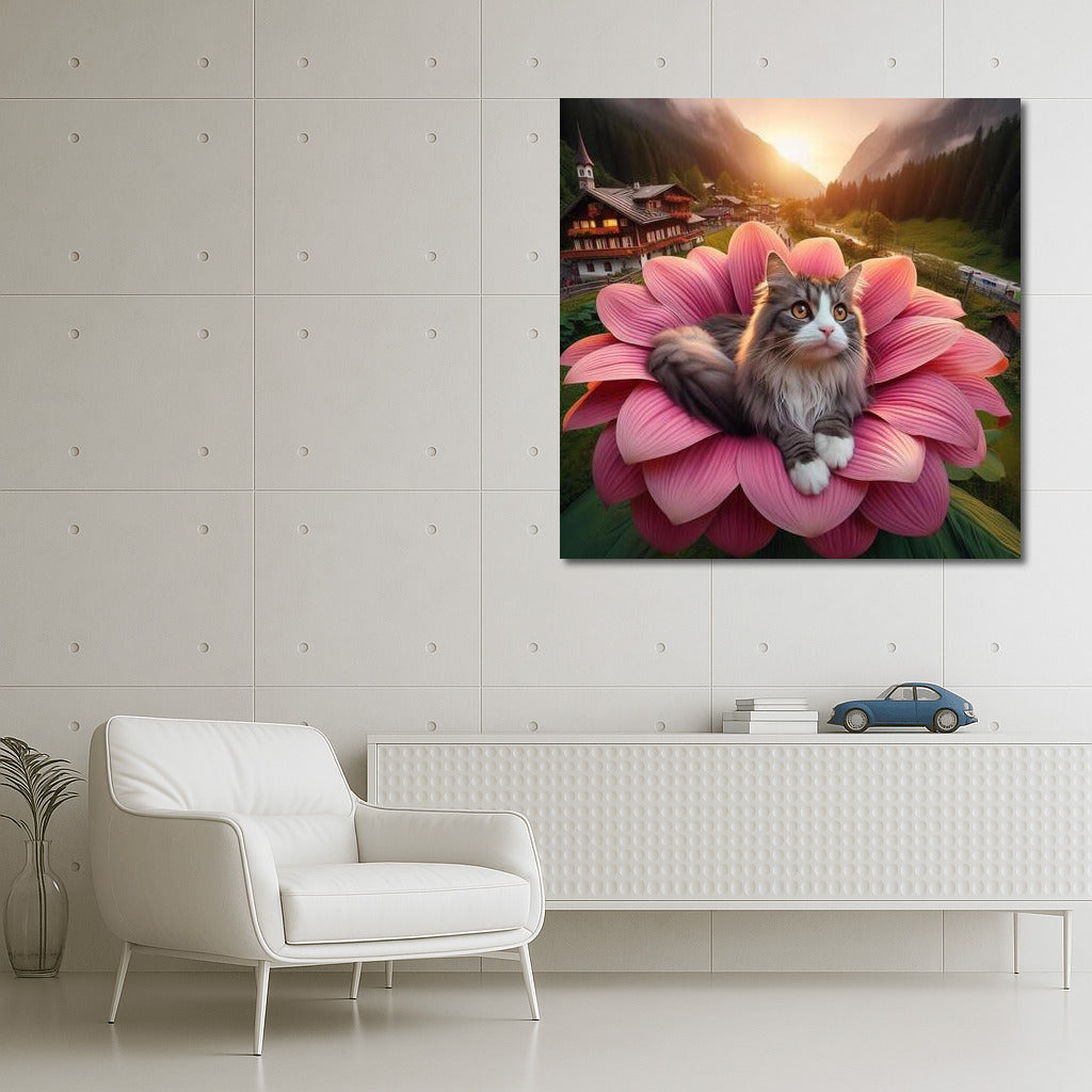 Norwegian Forest Cat on a Giant Flower: A Journey Around the World