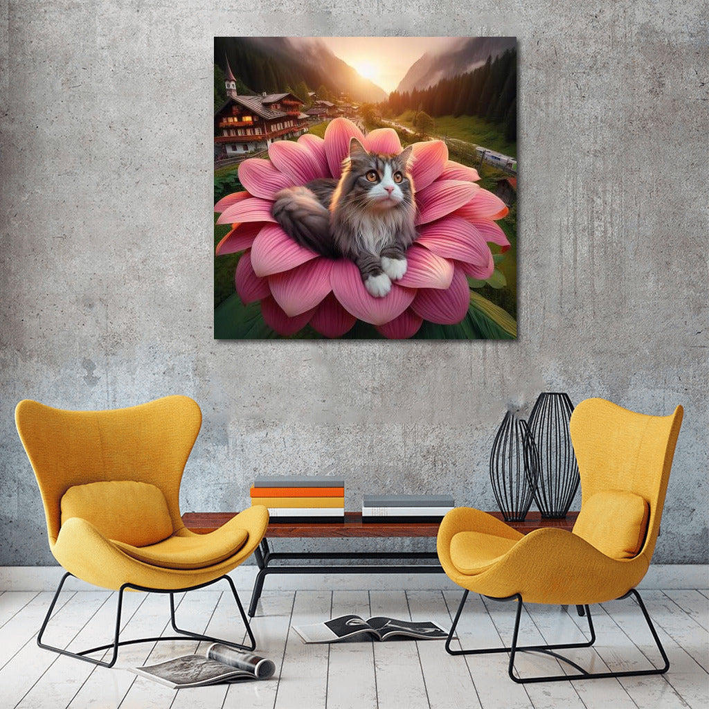 Norwegian Forest Cat on a Giant Flower: A Journey Around the World