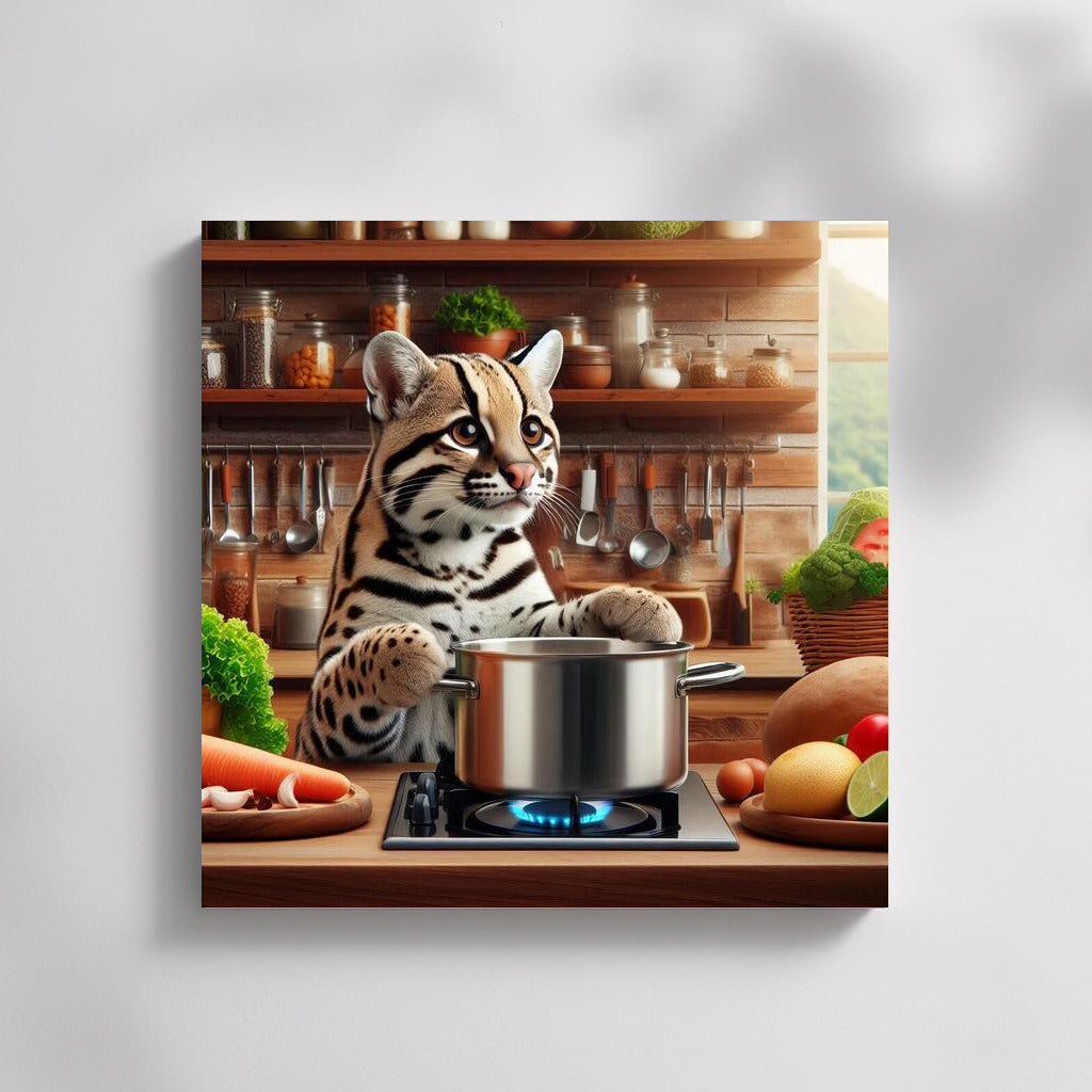Ocelot in the Kitchen: Playful Chef at Dinner