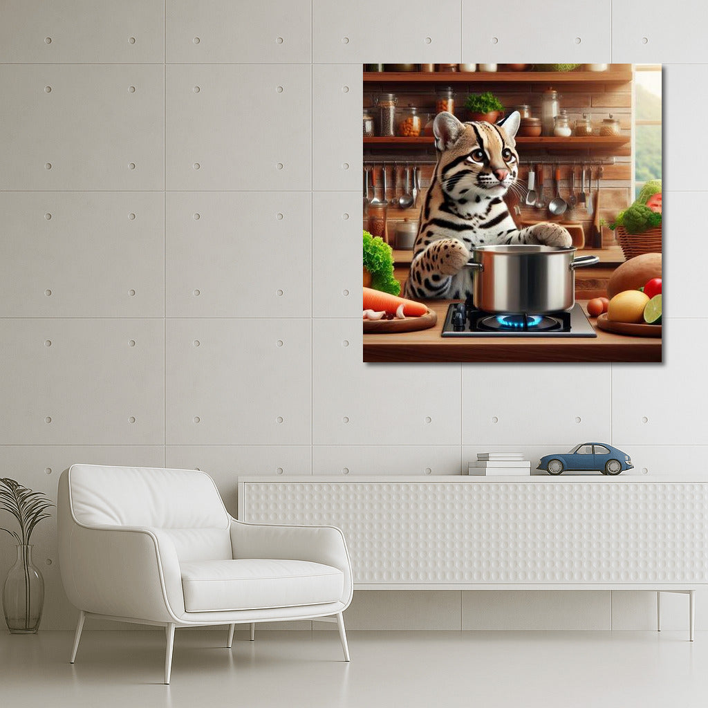 Ocelot in the Kitchen: Playful Chef at Dinner