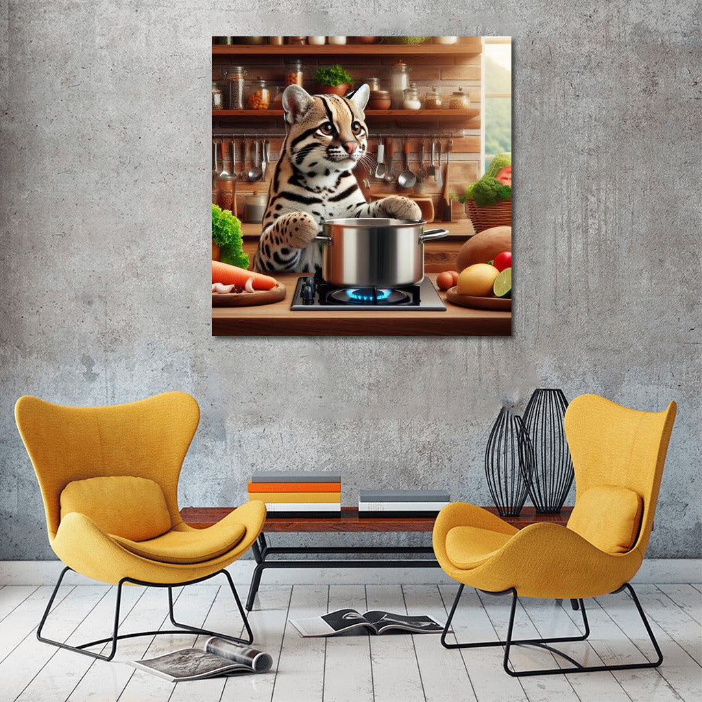 Ocelot in the Kitchen: Playful Chef at Dinner