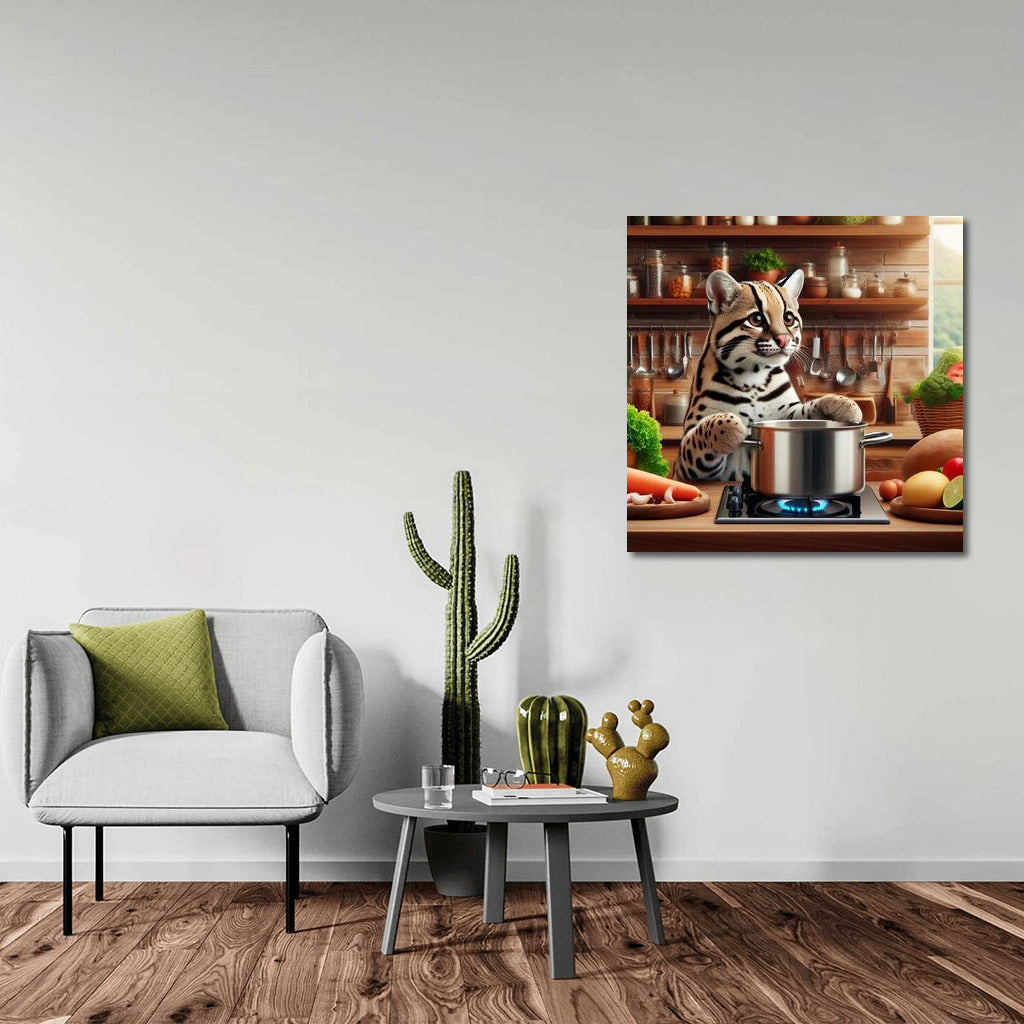Ocelot in the Kitchen: Playful Chef at Dinner