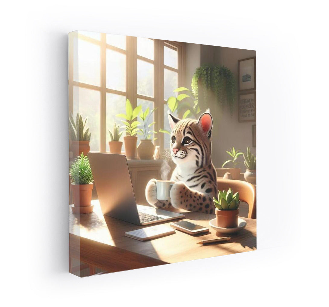 Ocelot on Laptop: Grace of Wildlife in the Comfort of Cafe