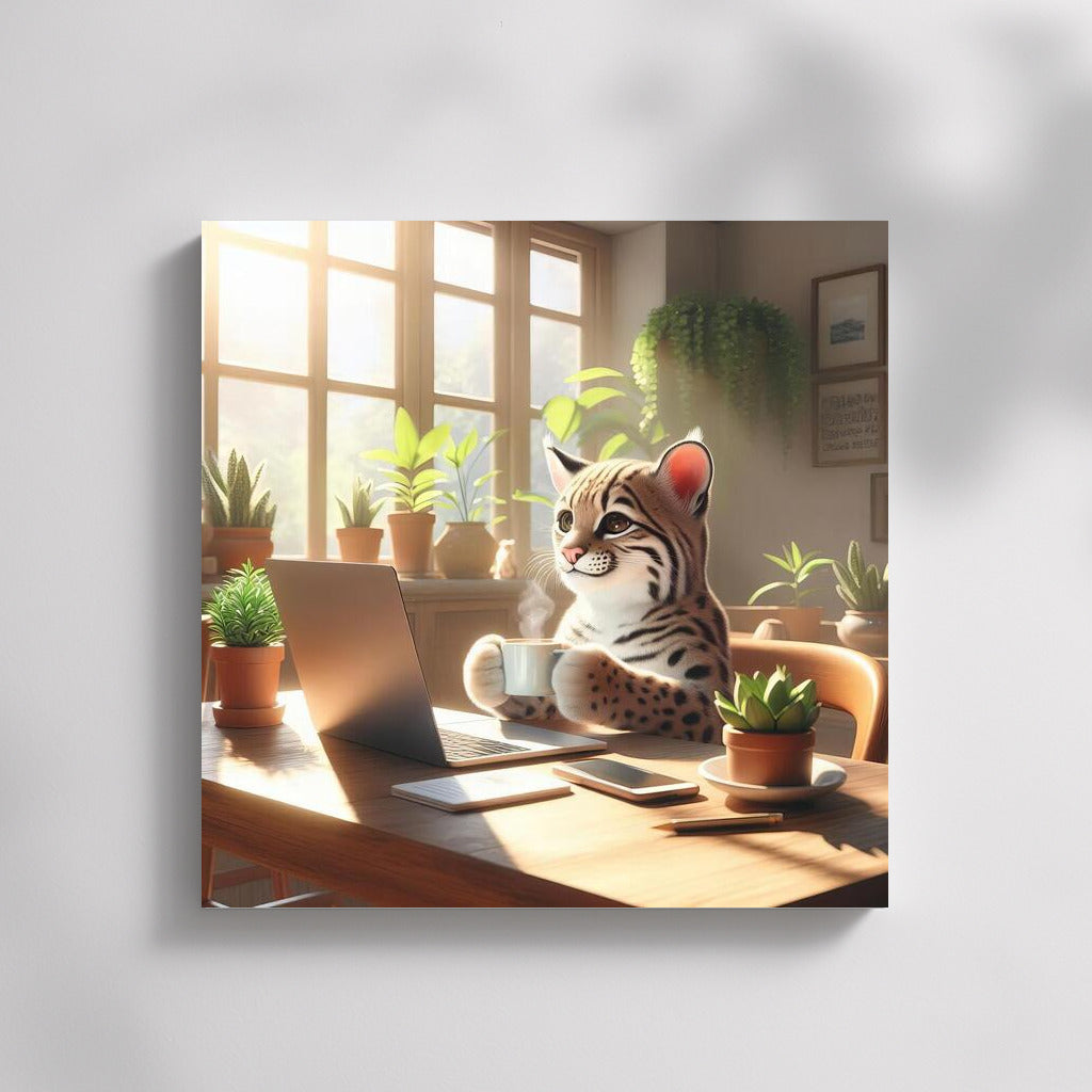 Ocelot on Laptop: Grace of Wildlife in the Comfort of Cafe