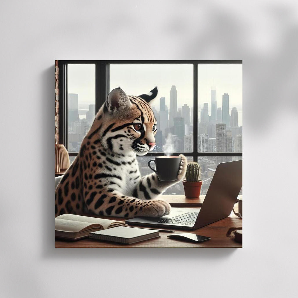 Ocelot with a laptop in a cafe: Creative style for your interior