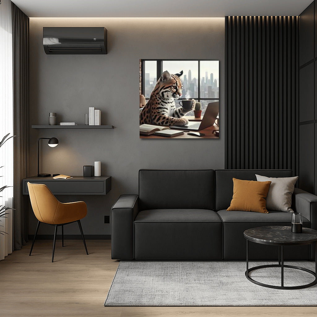 Ocelot with a laptop in a cafe: Creative style for your interior