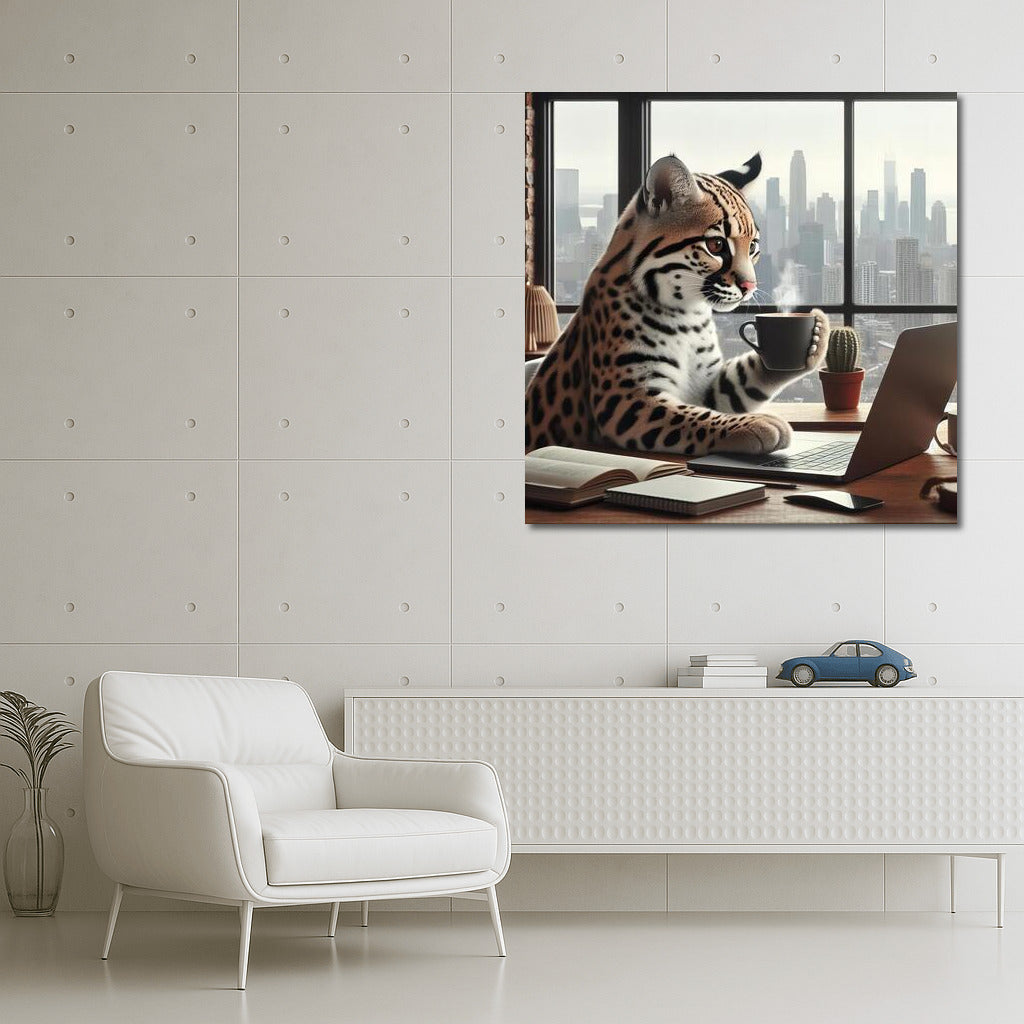 Ocelot with a laptop in a cafe: Creative style for your interior