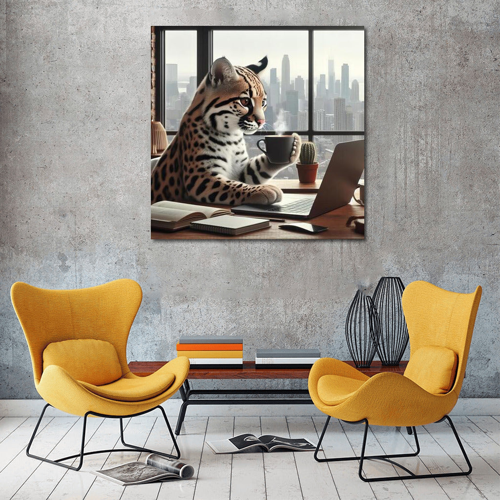 Ocelot with a laptop in a cafe: Creative style for your interior