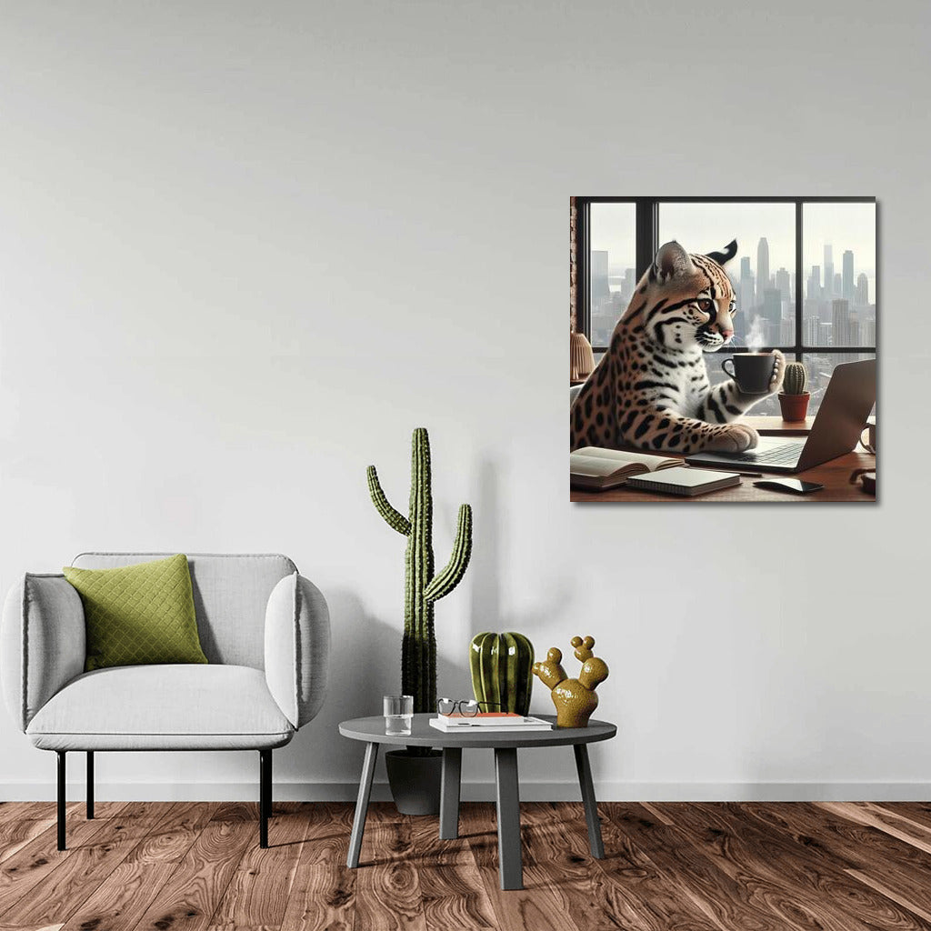 Ocelot with a laptop in a cafe: Creative style for your interior