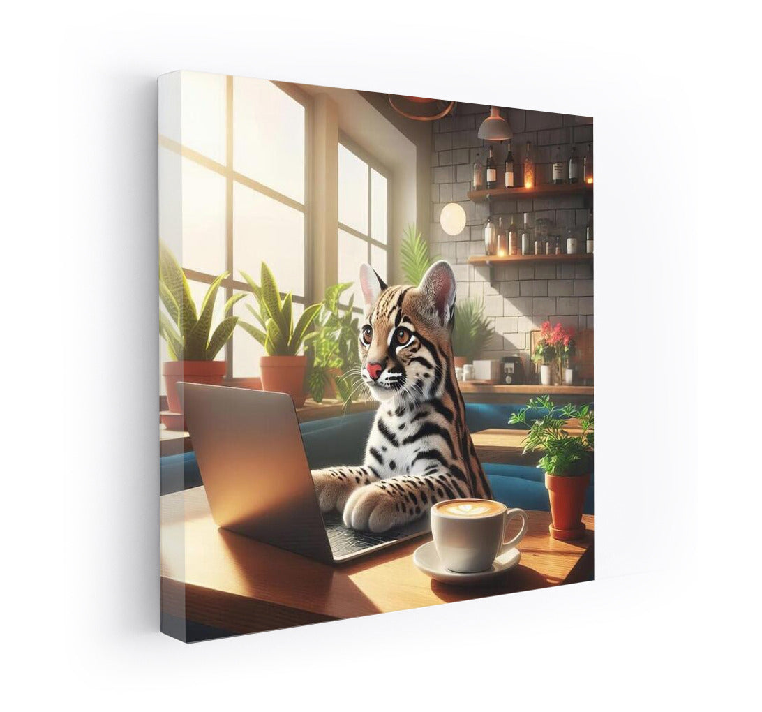 Ocelot with a laptop in a cafe: Creative accent for the interior