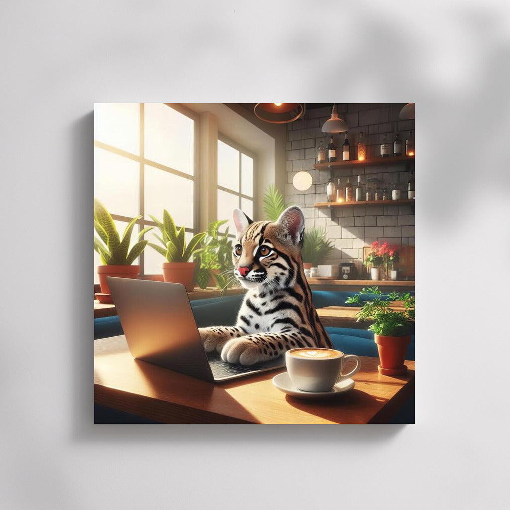 Ocelot with a laptop in a cafe: Creative accent for the interior