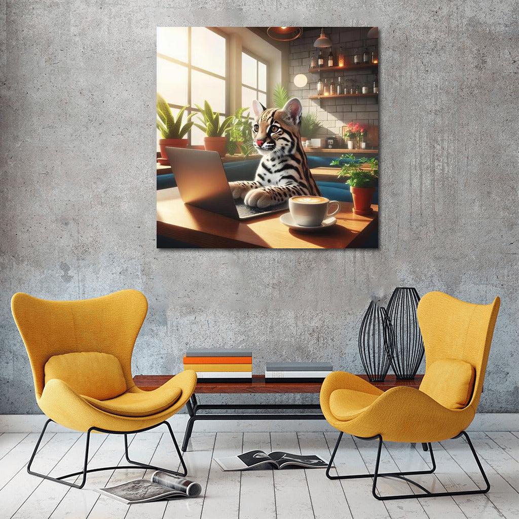 Ocelot with a laptop in a cafe: Creative accent for the interior