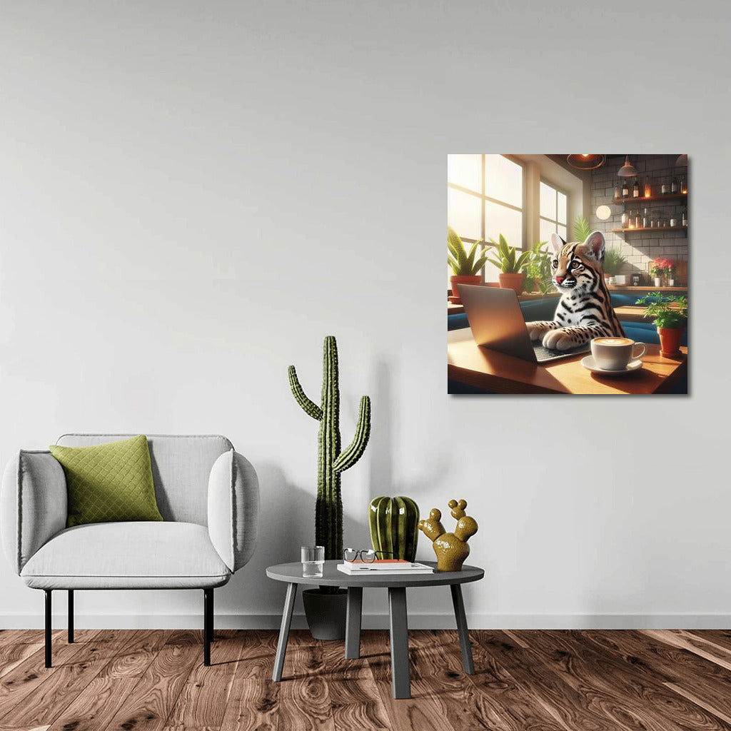 Ocelot with a laptop in a cafe: Creative accent for the interior