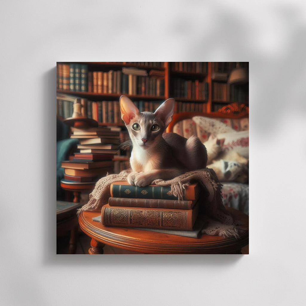 Oriental Cat in a Cozy Library: Elegance and Warmth