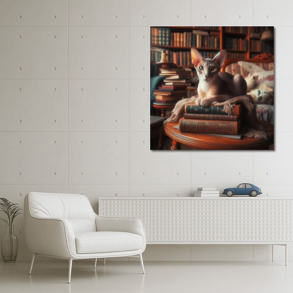 Oriental Cat in a Cozy Library: Elegance and Warmth