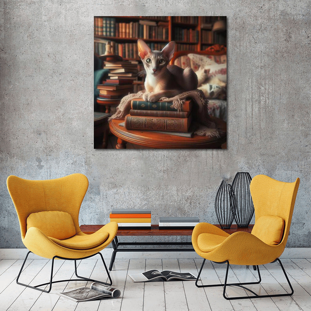 Oriental Cat in a Cozy Library: Elegance and Warmth