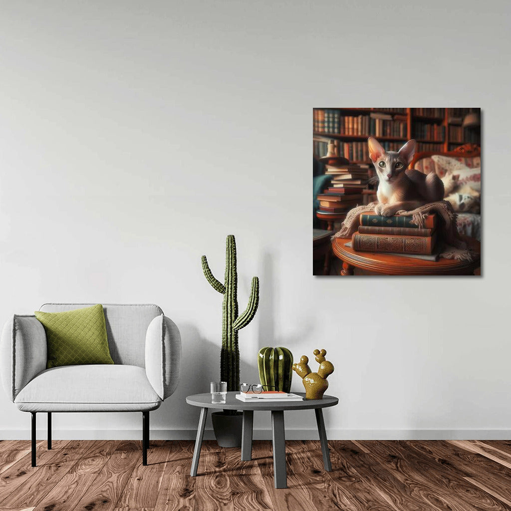 Oriental Cat in a Cozy Library: Elegance and Warmth