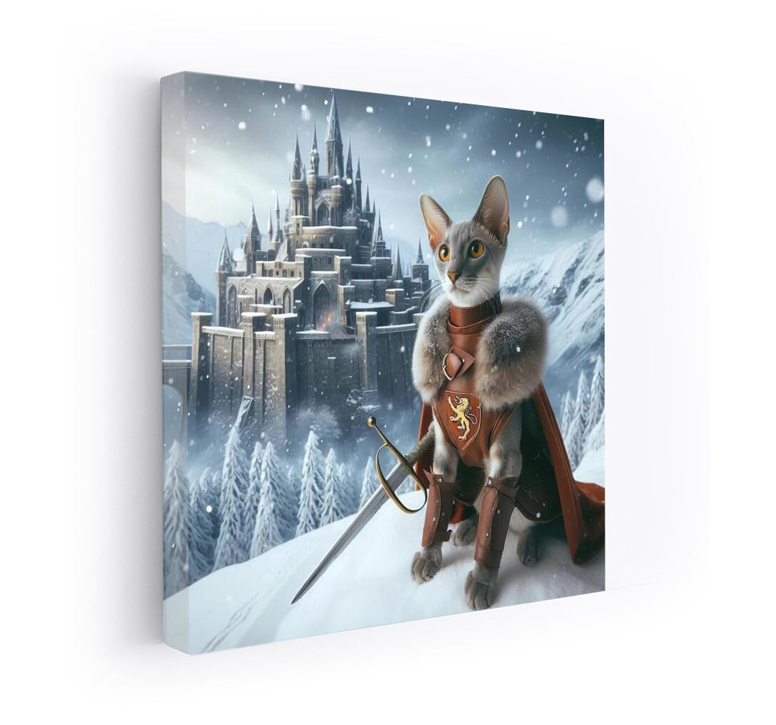 Game of Thrones style Oriental cat knight at a snow castle