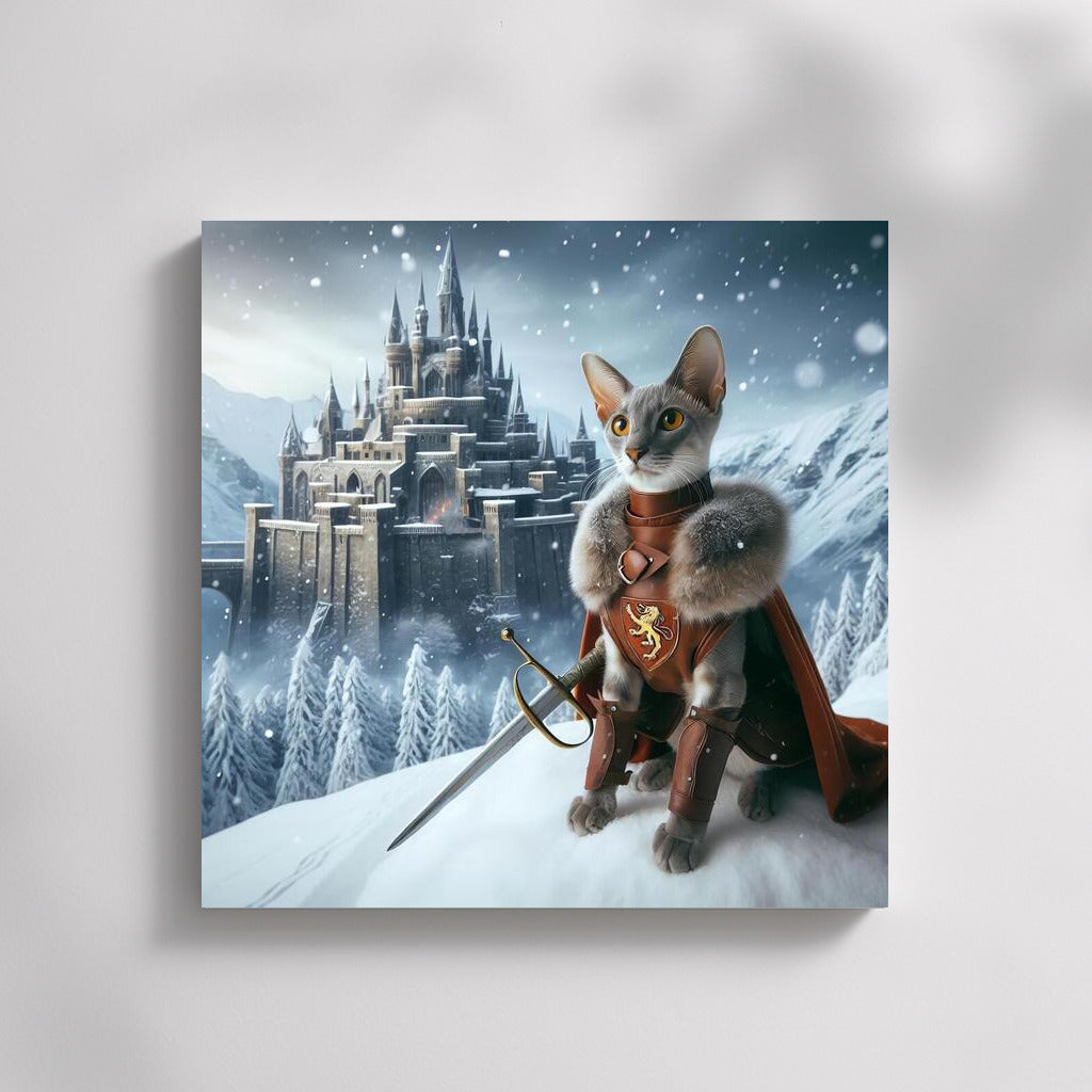 Game of Thrones style Oriental cat knight at a snow castle