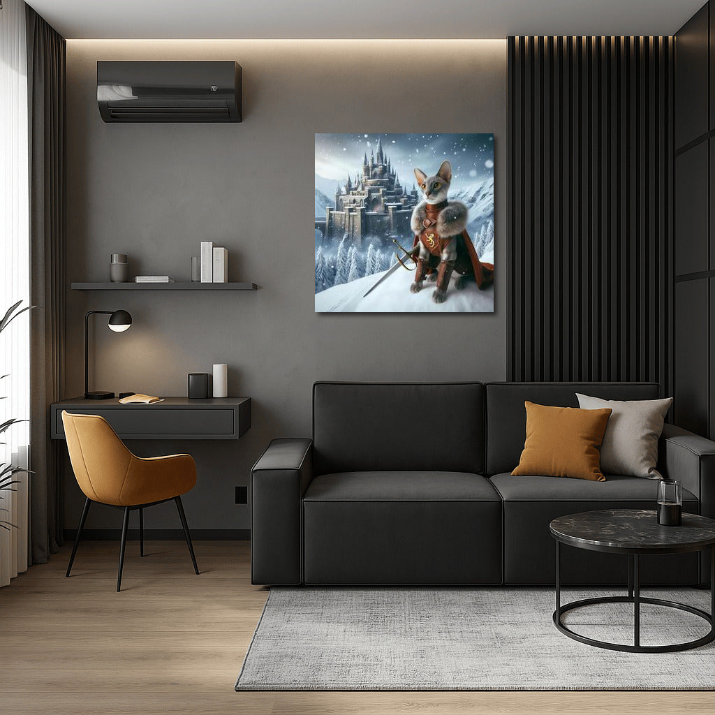 Game of Thrones style Oriental cat knight at a snow castle