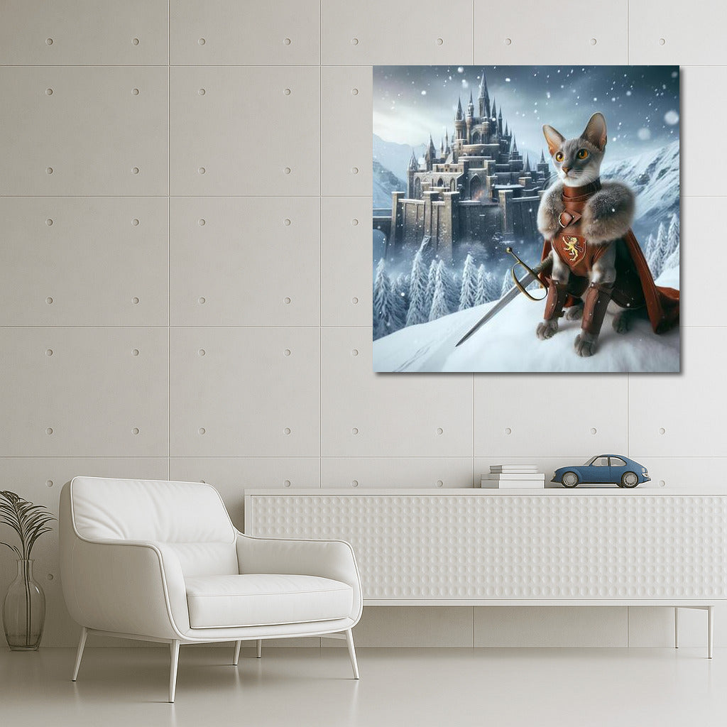 Game of Thrones style Oriental cat knight at a snow castle