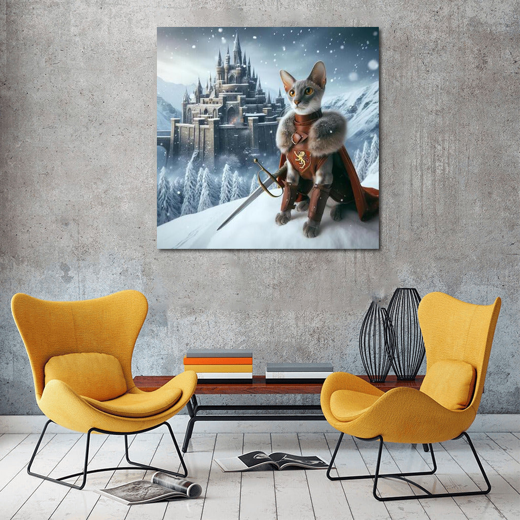 Game of Thrones style Oriental cat knight at a snow castle