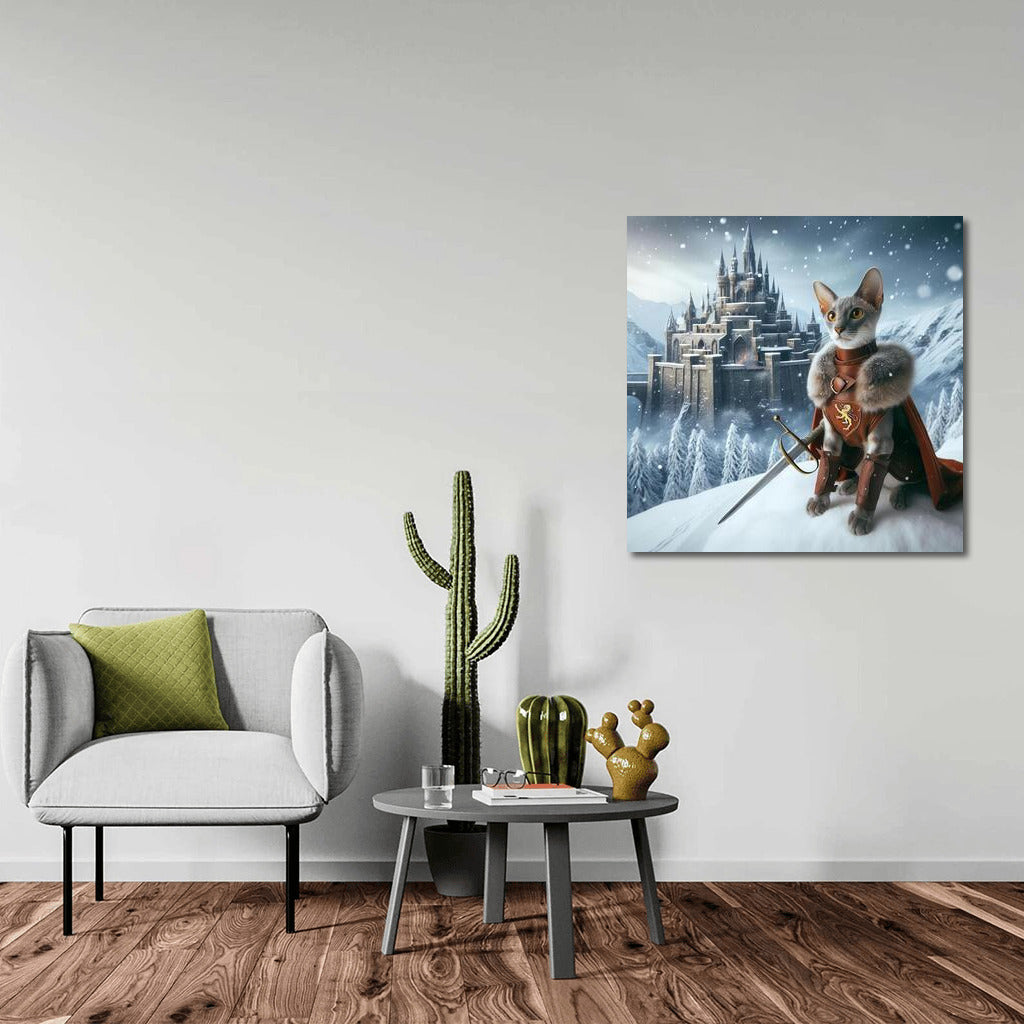 Game of Thrones style Oriental cat knight at a snow castle