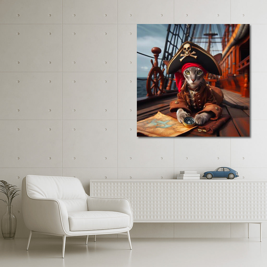 Oriental Pirate Cat on Ship Background: Adventures in Pirates of the Caribbean Style