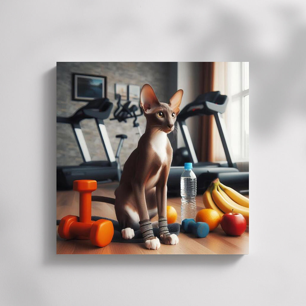 Oriental Shorthair in the gym: A cat in a world of dumbbells and fruits