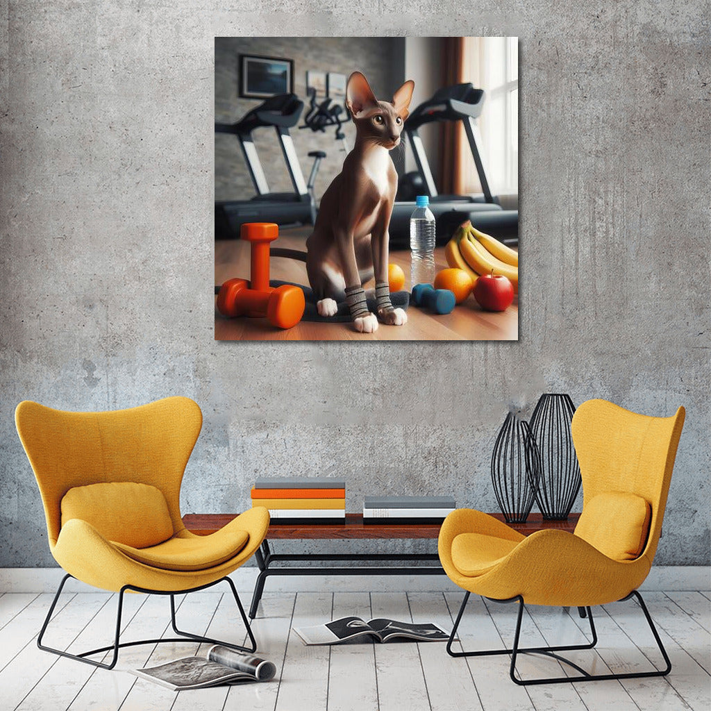 Oriental Shorthair in the gym: A cat in a world of dumbbells and fruits