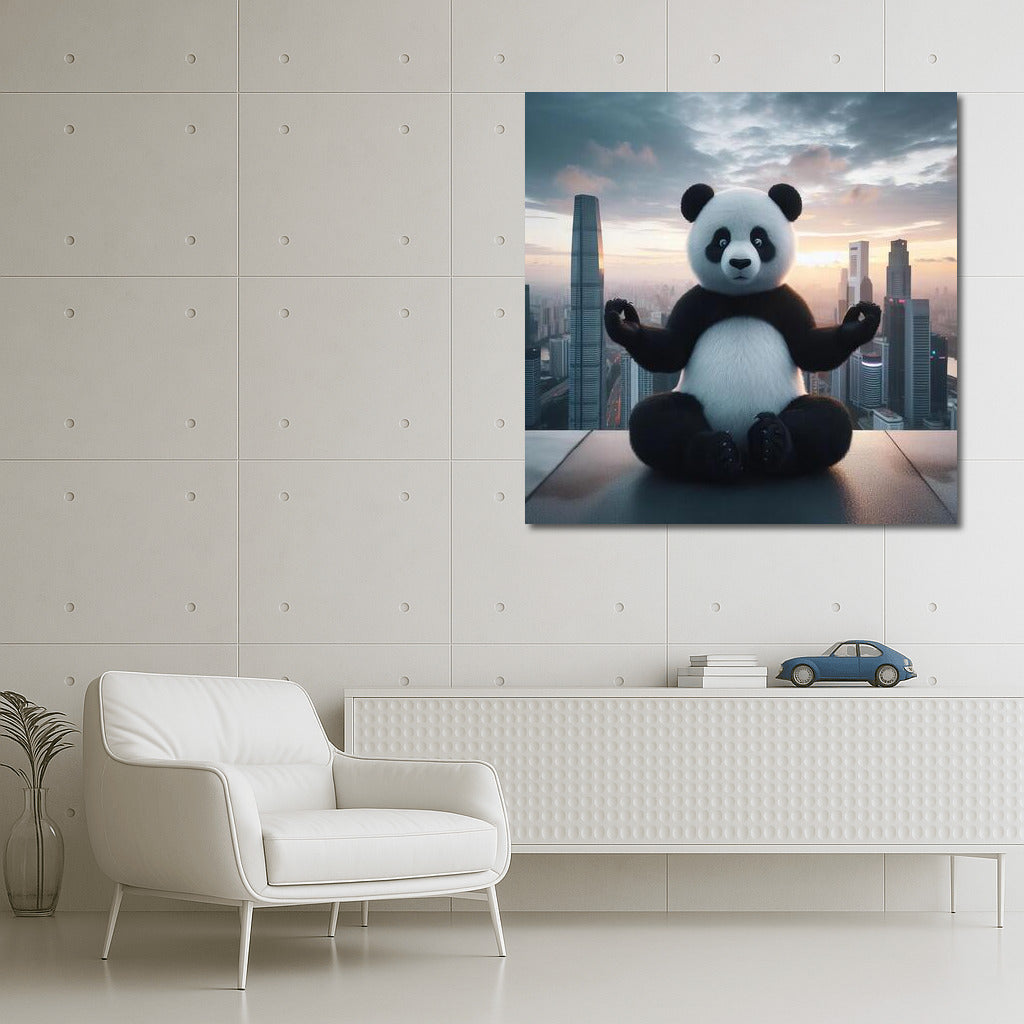 Meditating Panda on the Roof of a Skyscraper: Harmony in the City