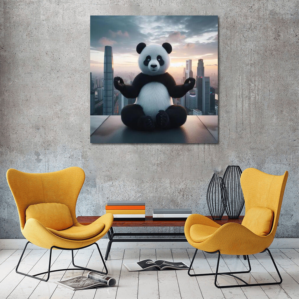 Meditating Panda on the Roof of a Skyscraper: Harmony in the City
