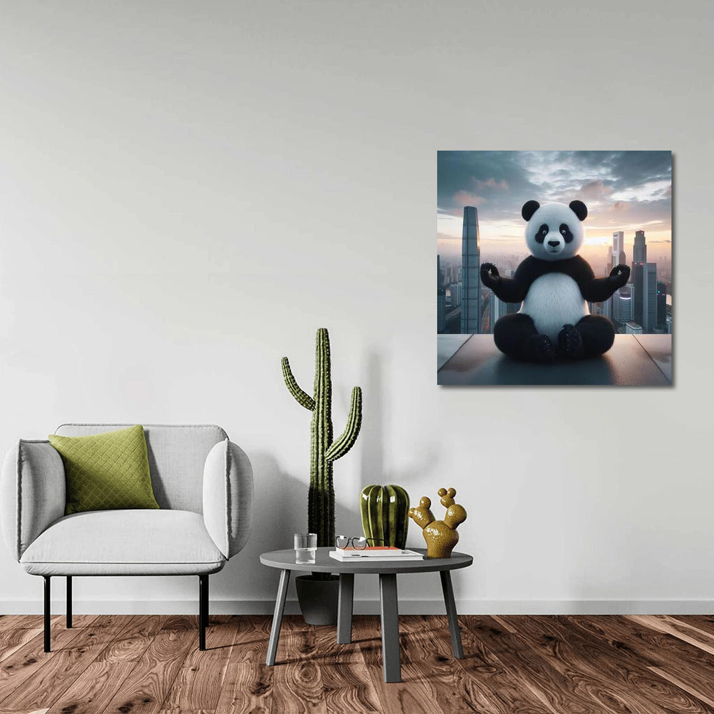 Meditating Panda on the Roof of a Skyscraper: Harmony in the City
