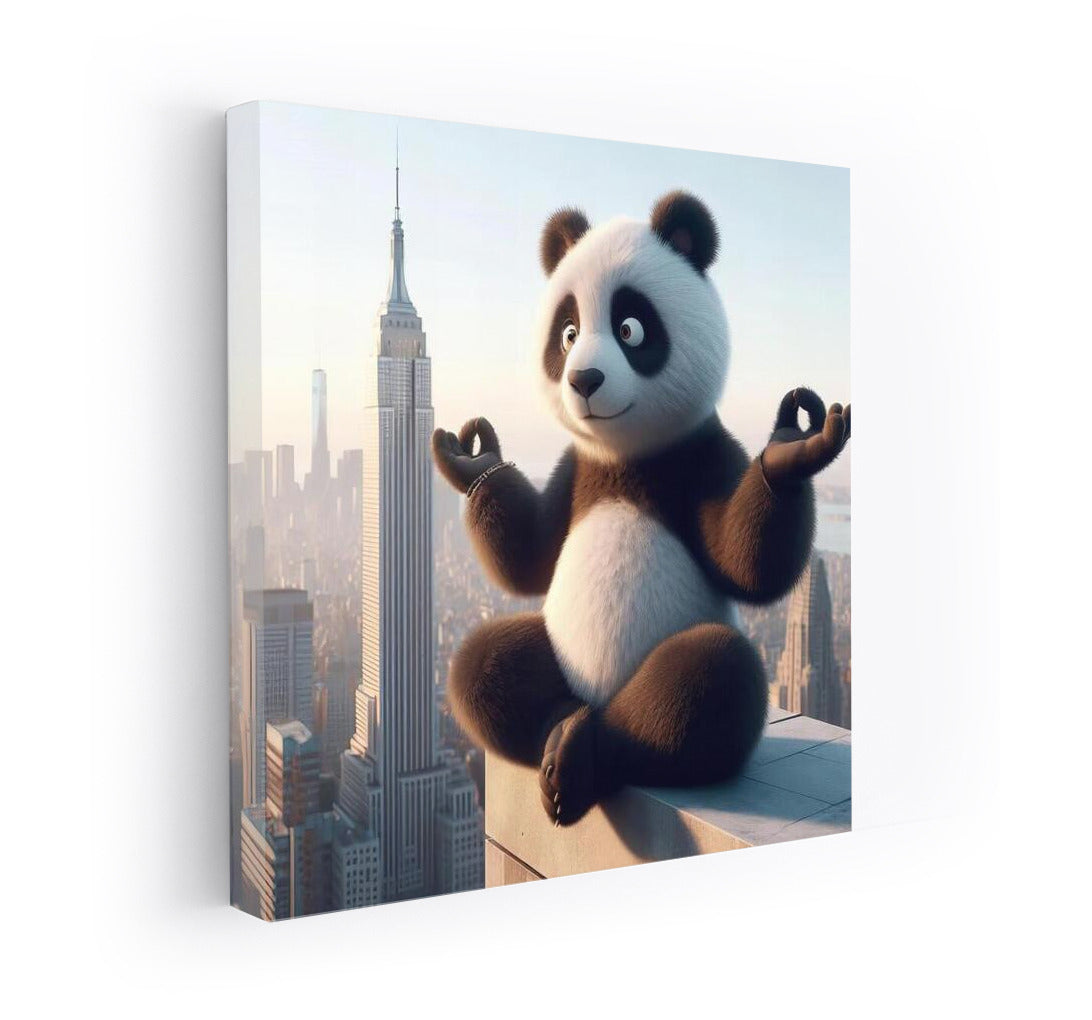 Meditating Panda on Skyscraper Roof: Yoga and Peace in the City Skyline