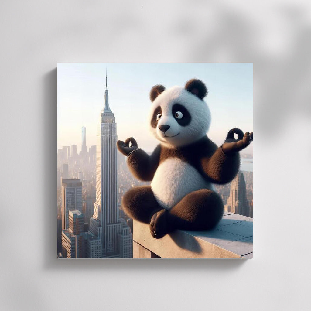 Meditating Panda on Skyscraper Roof: Yoga and Peace in the City Skyline