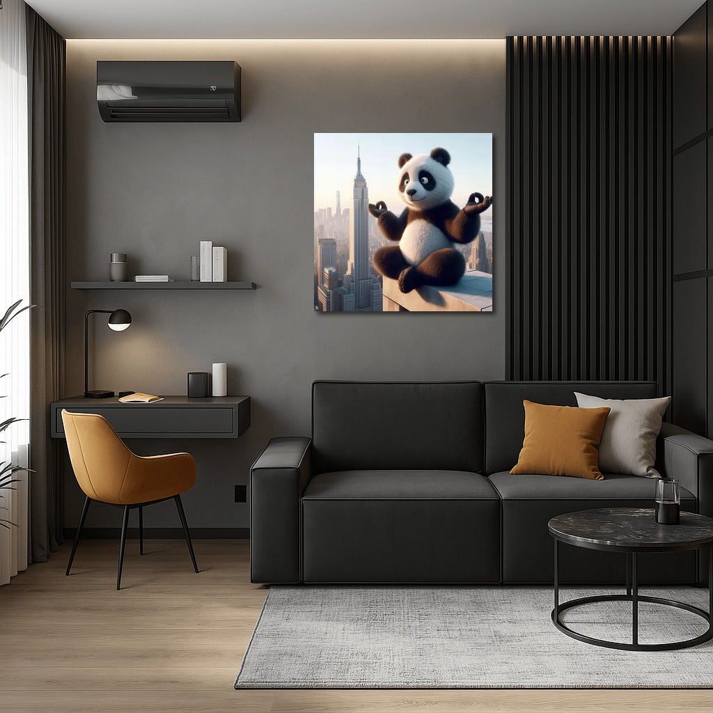 Meditating Panda on Skyscraper Roof: Yoga and Peace in the City Skyline