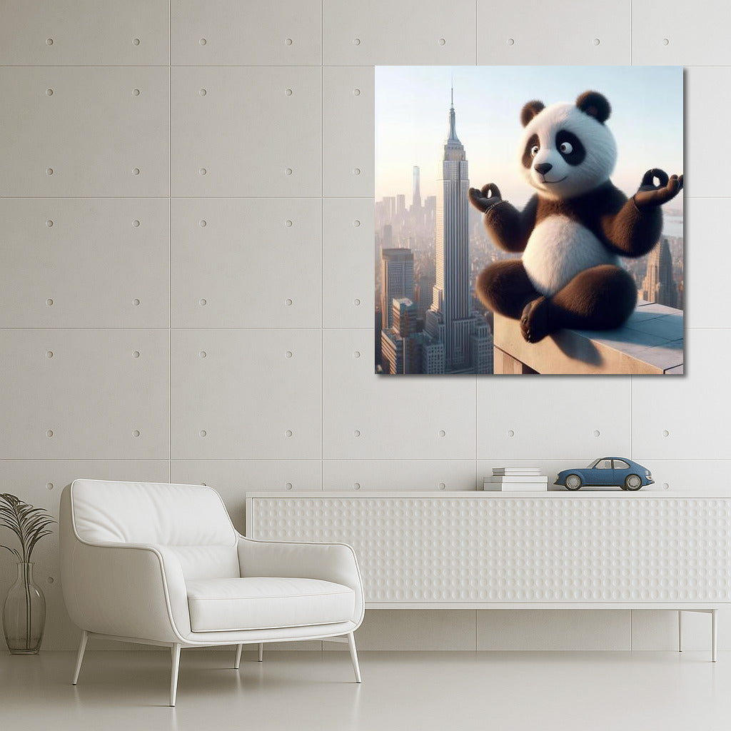 Meditating Panda on Skyscraper Roof: Yoga and Peace in the City Skyline