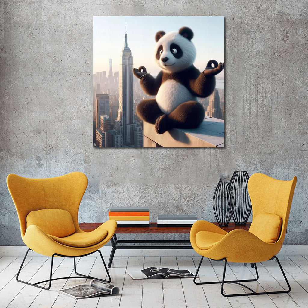 Meditating Panda on Skyscraper Roof: Yoga and Peace in the City Skyline