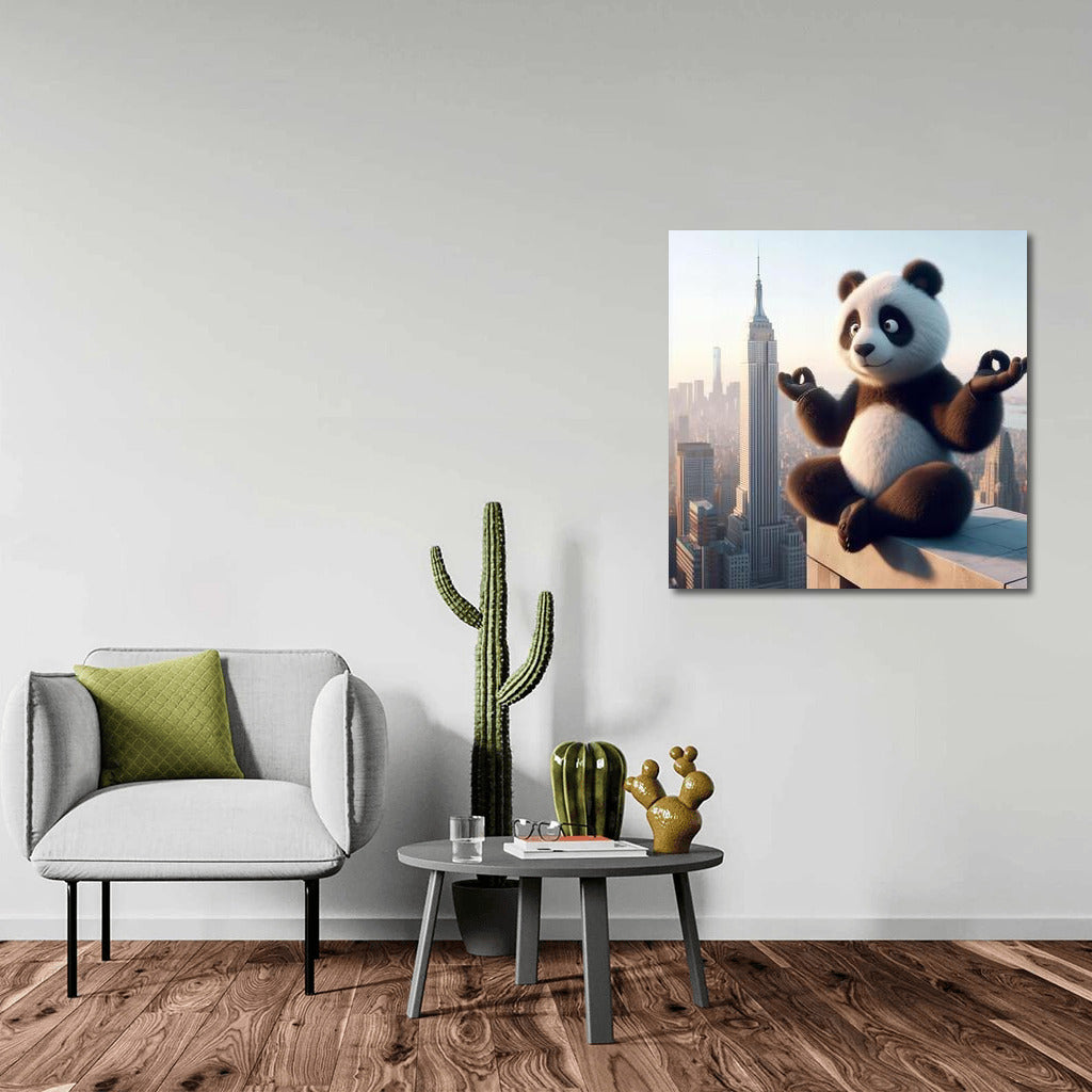 Meditating Panda on Skyscraper Roof: Yoga and Peace in the City Skyline