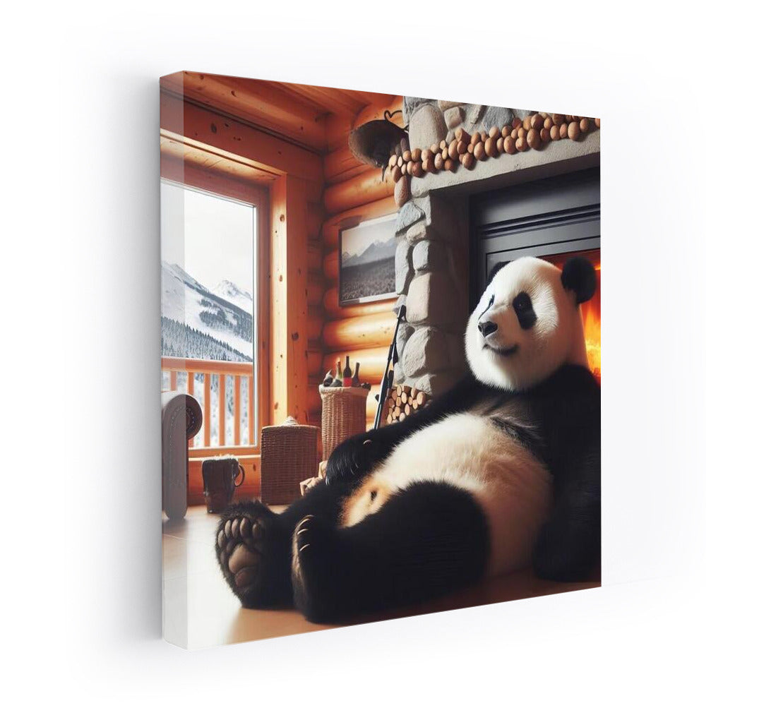 Cozy Panda by the Fireplace in the Mountain Hut