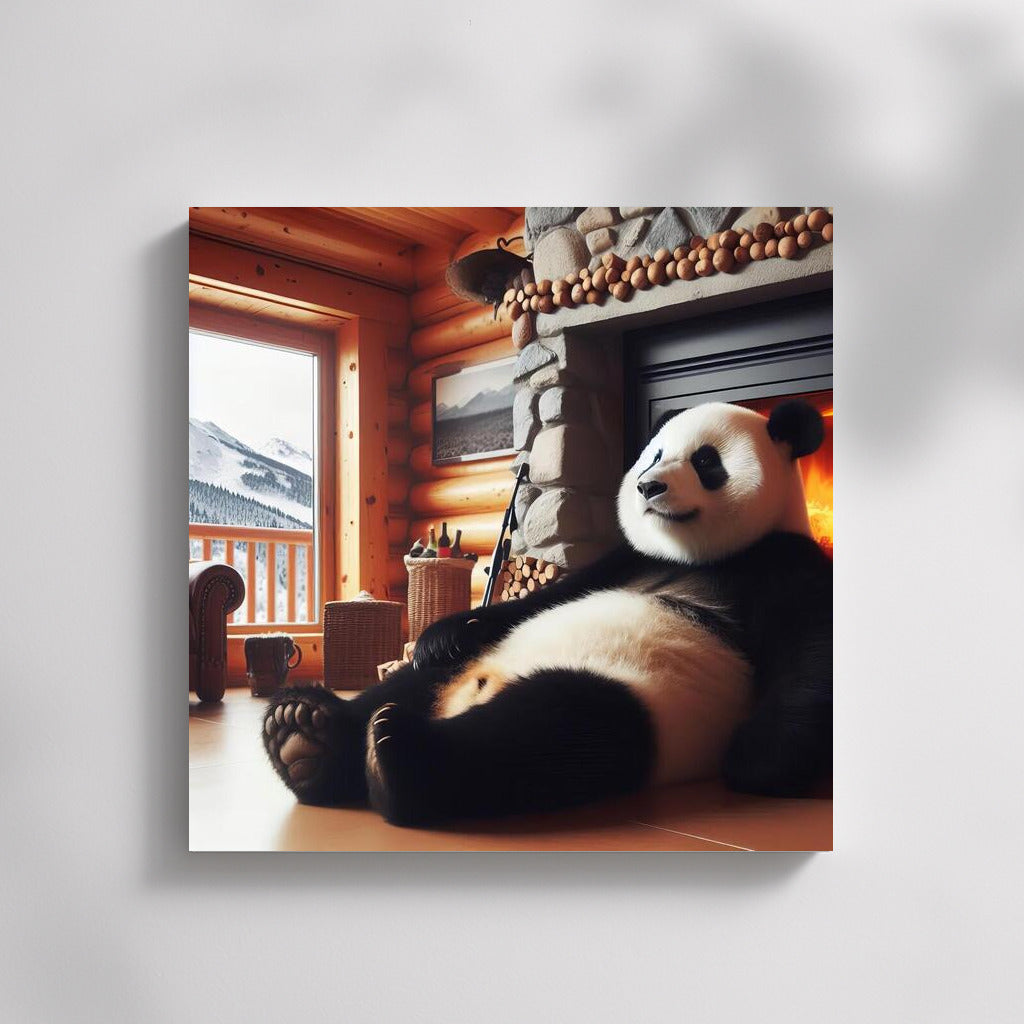 Cozy Panda by the Fireplace in the Mountain Hut