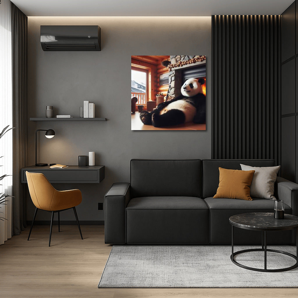 Cozy Panda by the Fireplace in the Mountain Hut