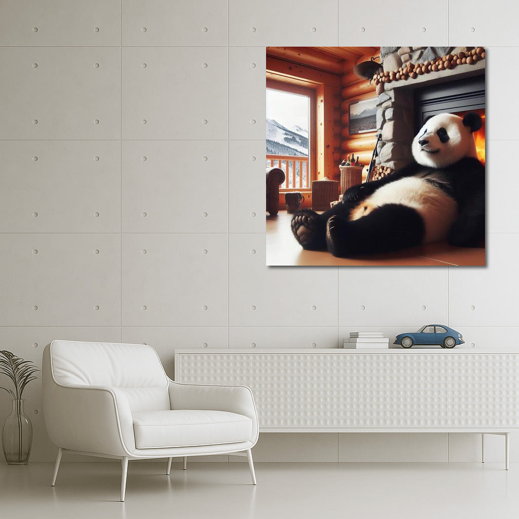Cozy Panda by the Fireplace in the Mountain Hut