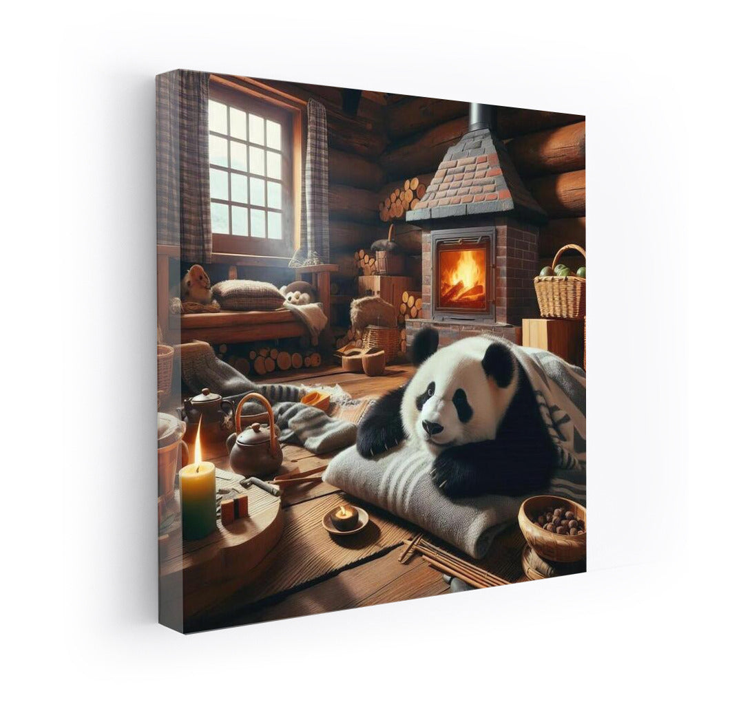 Panda by the Fireplace in the Mountain Hut: Coziness and Warmth