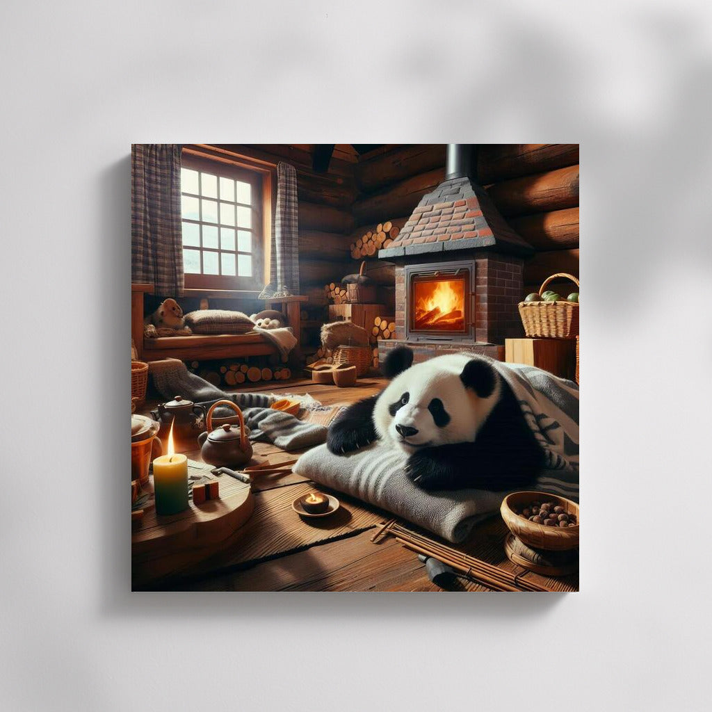 Panda by the Fireplace in the Mountain Hut: Coziness and Warmth