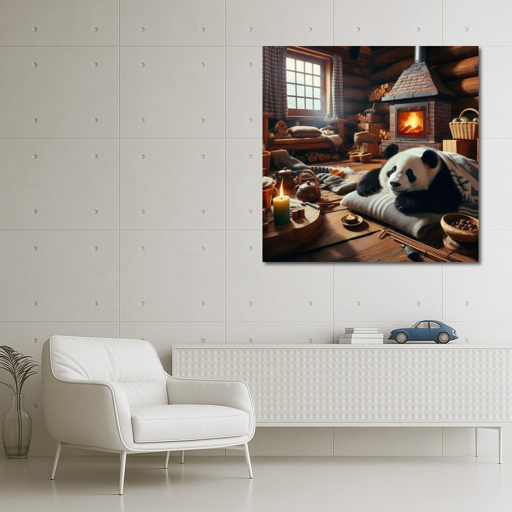 Panda by the Fireplace in the Mountain Hut: Coziness and Warmth