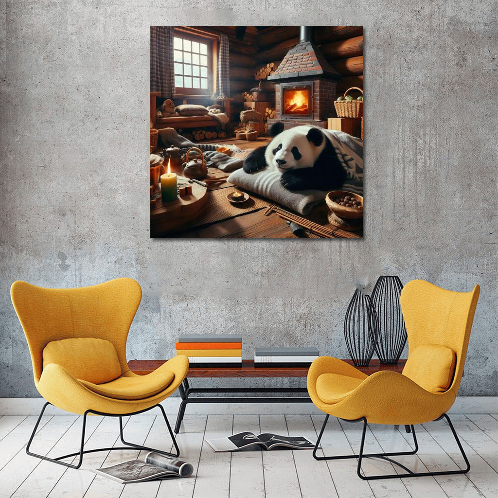 Panda by the Fireplace in the Mountain Hut: Coziness and Warmth